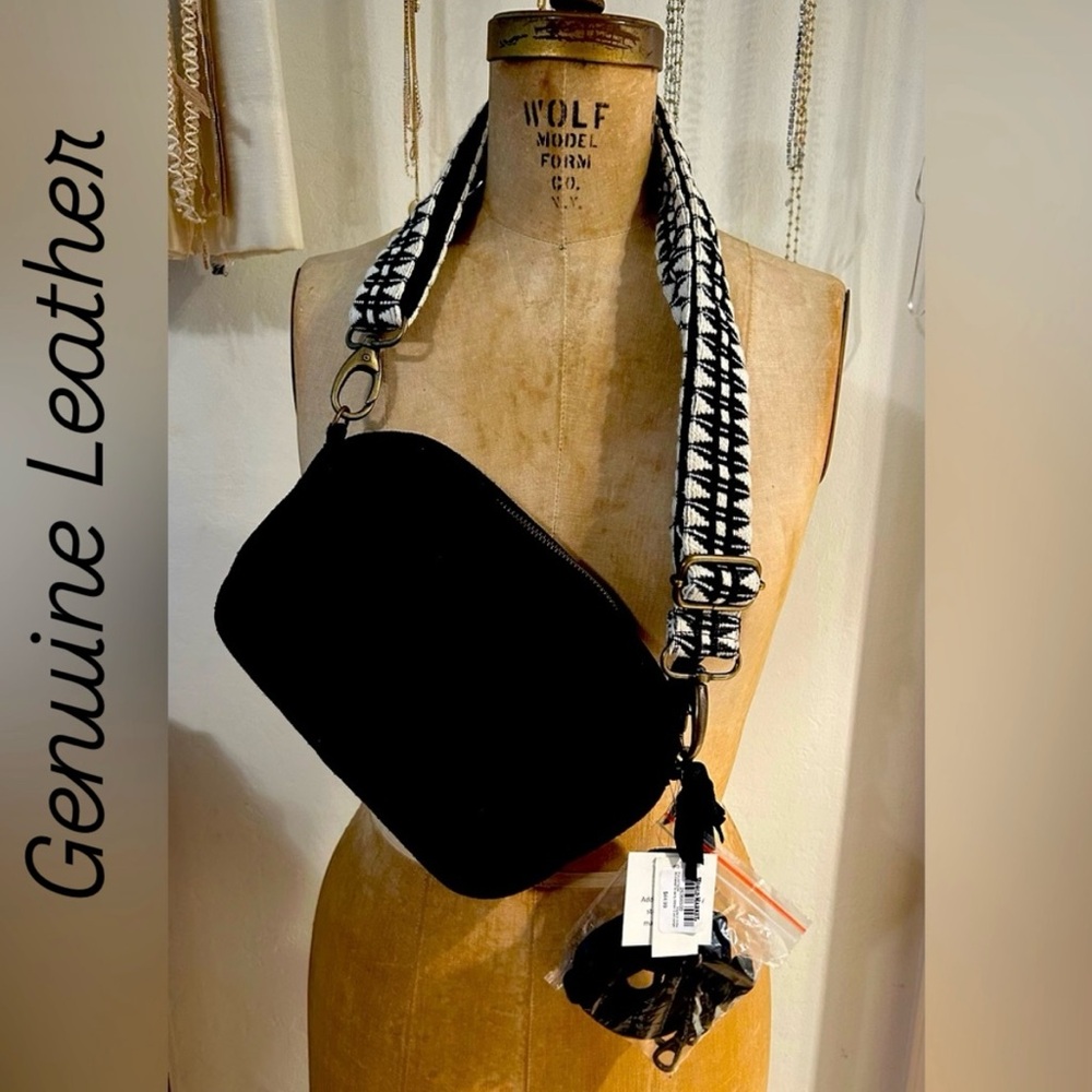 Suede Leather Black Crossbody 2 Choice Adjustable Straps outside pocket Boho